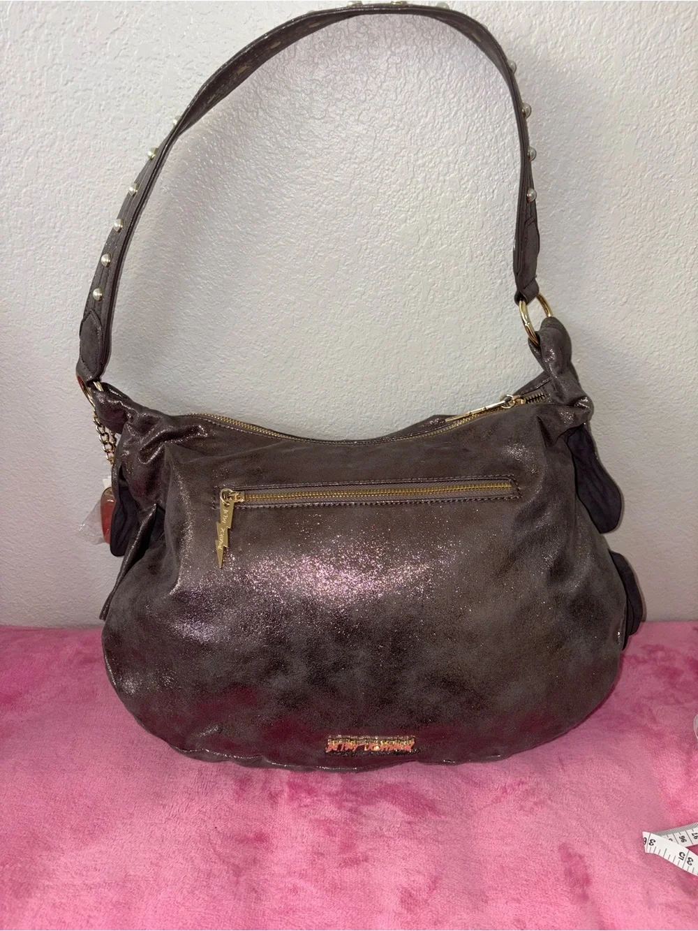 Betsey Johnson Metallic Hobo with Pearl-Embellished Strap